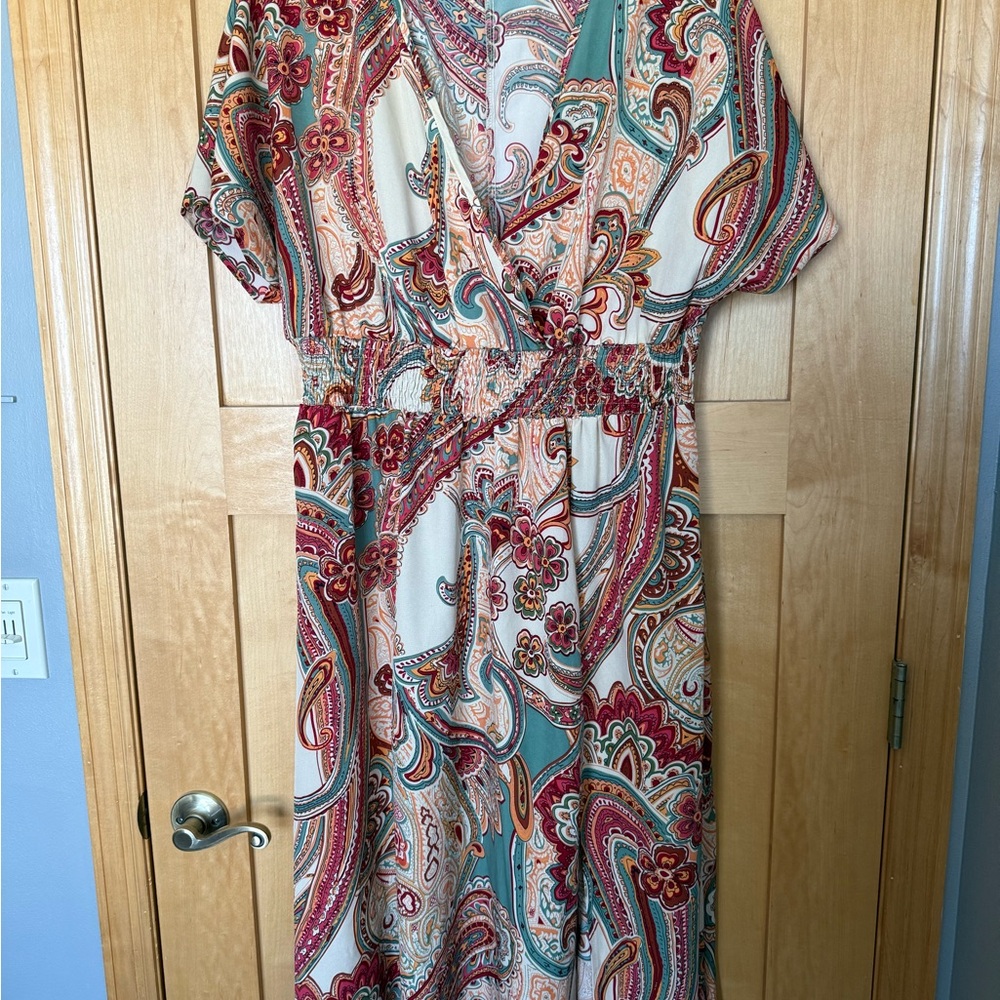 SHEIN Paisley Midi Dress in Teal, Coral & Cream